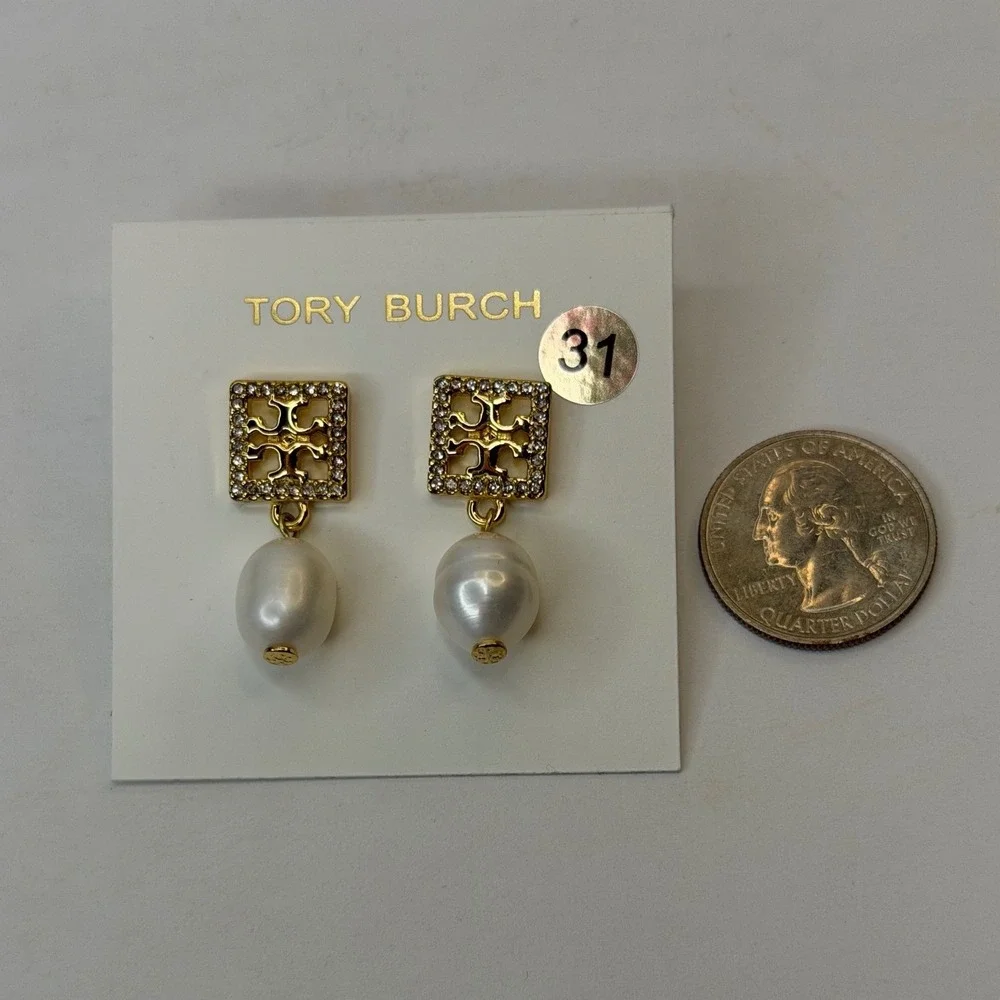Tory Burch Miller Gold Pave Crystal Pearl Drop Earrings Double T Logo NWT‎ Chic
